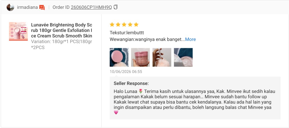 Five-star Shopee review of Lunavée Brightening Body Scrub