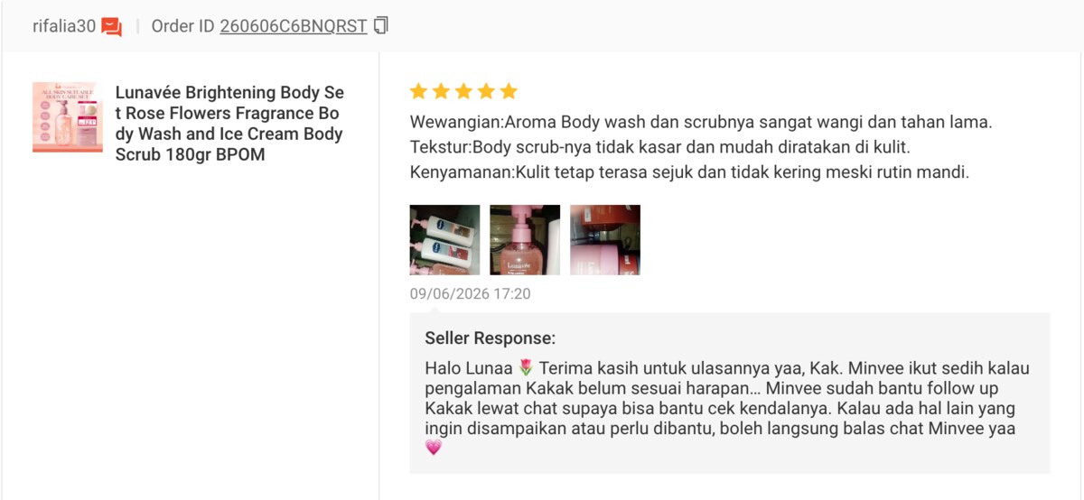Five-star Shopee review of Lunavée Rose Flowers Body Wash and Scrub