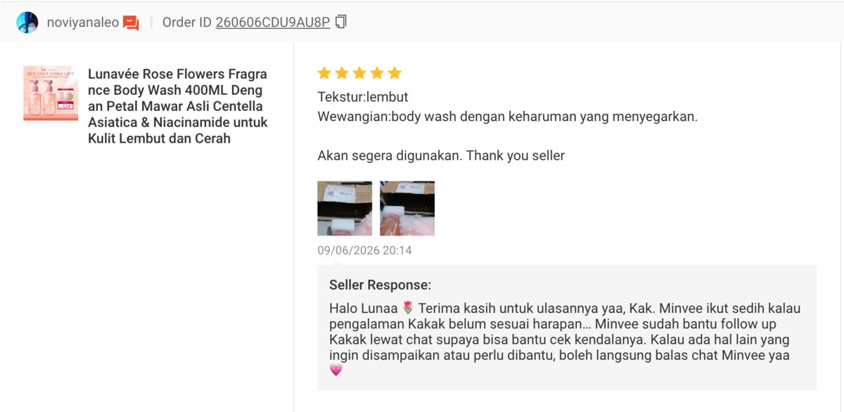 Five-star Shopee review of Lunavée Rose Flowers Body Wash